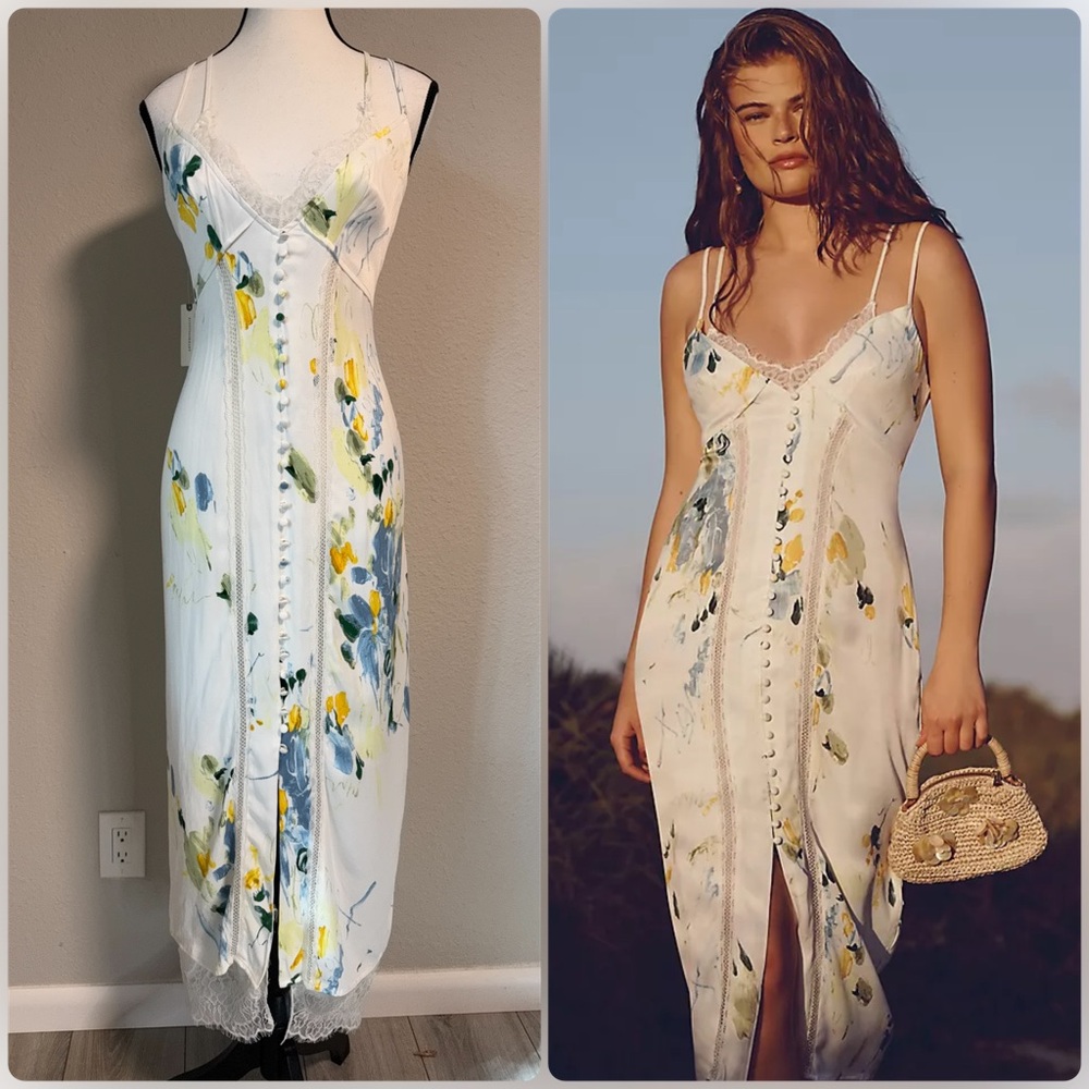 NWT!! Anthropologie White Floral Slip Midi Dress with Lace Trim – Size 14 (US)